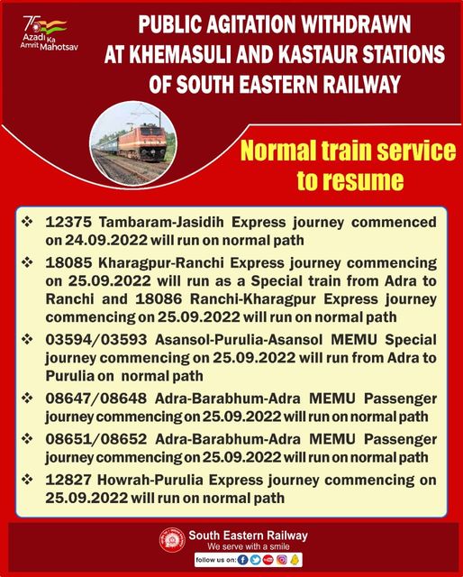 122 घंटे बाद खत्म हुआ कुड़मी आंदोलन, खड़गपुर-टाटा और पुरुलिया के बीच रेल सेवा बहाल, SER ने जारी किया बुलेटिन